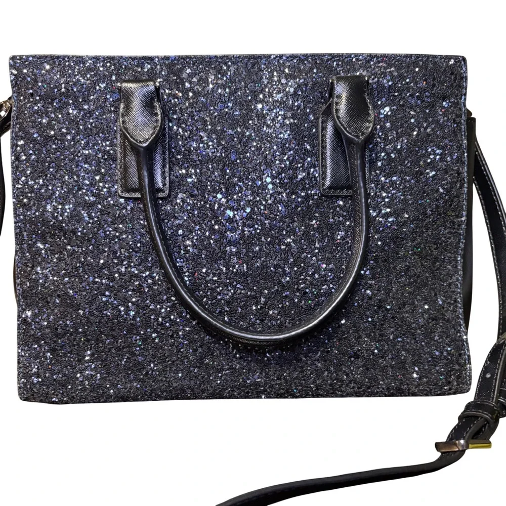 Kate Spade Cameron Navy Glitter Black Saffiano Leather Satchel Crossbody Handbag